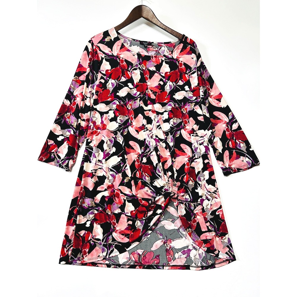 Cocomo Woman Floral Knot Front Tunic Top Pink Red Black 2X Plus Size 3/4 Sleeve